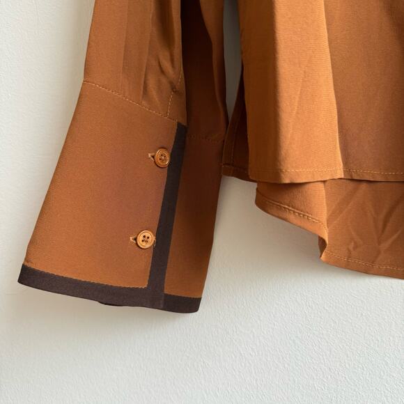 NWT LilySilk Dark Carame Contrast Piping Silk Willow Shirt Blouse - Medium - Picture 9 of 9